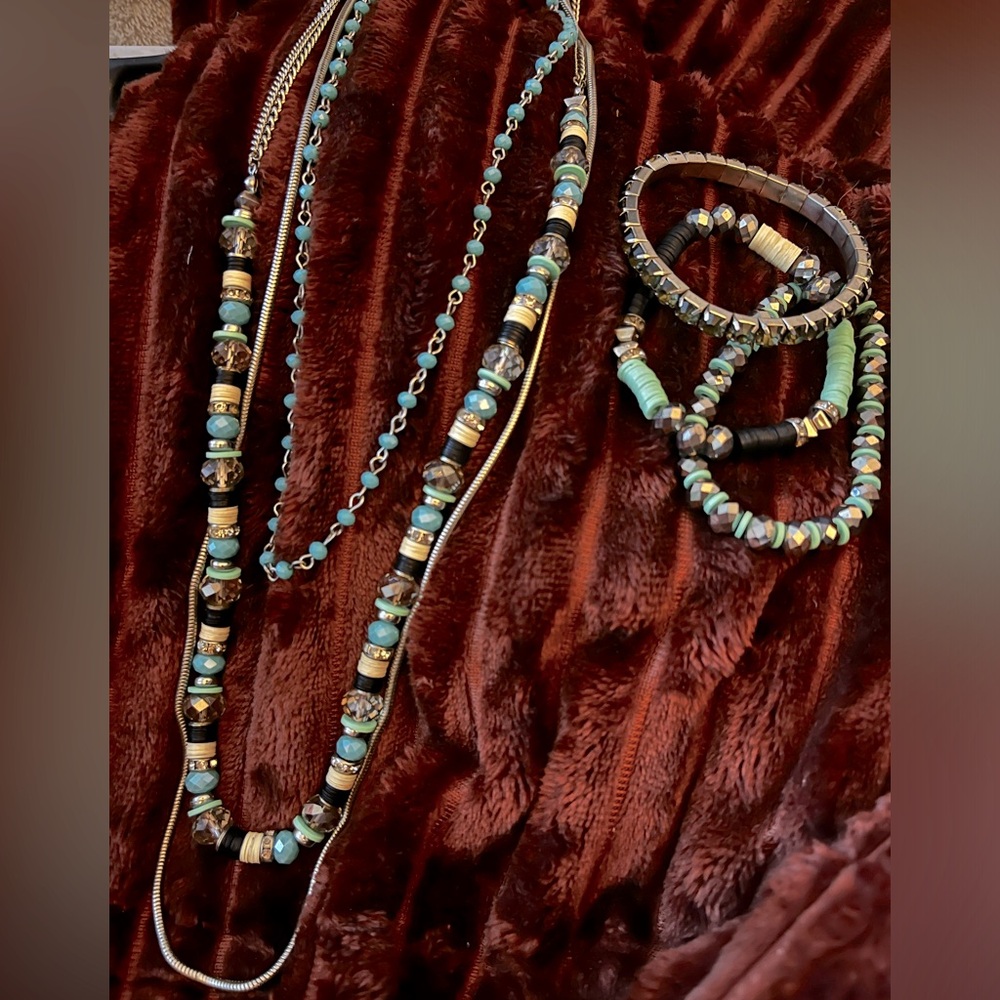 Silver Turquoise Blue Boho Beaded Layered Statement Necklace Bracelet Stack Set